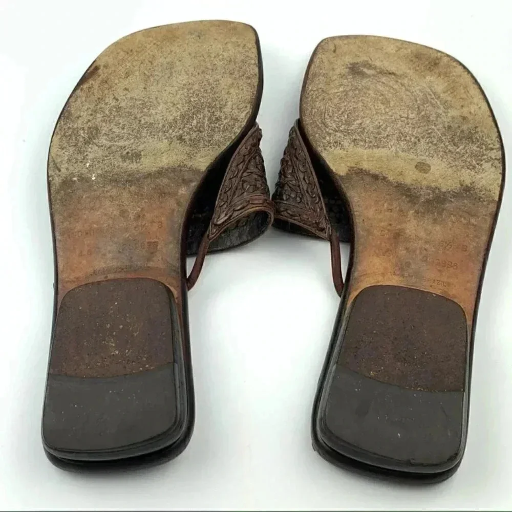 Cole Haan sandals size 6.5 brown leather woven flip flops square toe vintage 90s